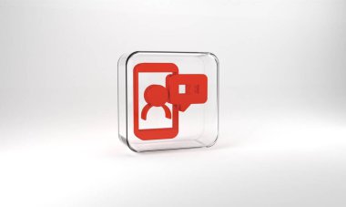 Red Video chat conference icon isolated on grey background. Online meeting work form home. Remote project management. Glass square button. 3d illustration 3D render.