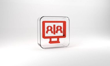 Red Video chat conference icon isolated on grey background. Online meeting work form home. Remote project management. Glass square button. 3d illustration 3D render.
