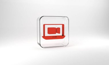Red Video chat conference icon isolated on grey background. Online meeting work form home. Remote project management. Glass square button. 3d illustration 3D render.