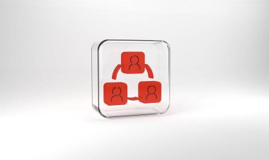 Red Meeting icon isolated on grey background. Business team meeting, discussion concept, analysis, content strategy. Presentation conference. Glass square button. 3d illustration 3D render.