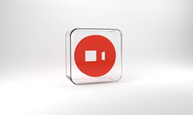 Red Video chat conference icon isolated on grey background. Online meeting work form home. Remote project management. Glass square button. 3d illustration 3D render.