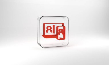 Red Video chat conference icon isolated on grey background. Online meeting work form home. Remote project management. Glass square button. 3d illustration 3D render.