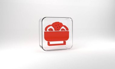 Red Chow mein on plate icon isolated on grey background. Asian food. Glass square button. 3d illustration 3D render.