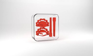 Red Dumpling with chopsticks icon isolated on grey background. Traditional chinese dish. Glass square button. 3d illustration 3D render.