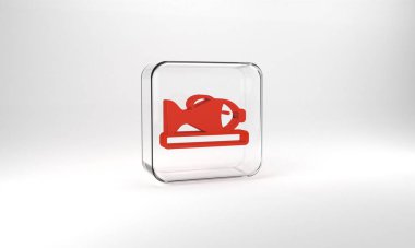 Red Served fish on a plate icon isolated on grey background. Glass square button. 3d illustration 3D render.