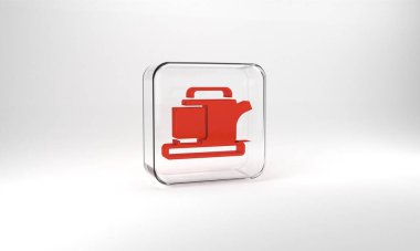 Red Traditional tea ceremony icon isolated on grey background. Teapot with cup. Glass square button. 3d illustration 3D render.