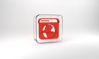 Red Worldwide icon isolated on grey background. Pin on globe. Glass square button. 3d illustration 3D render.