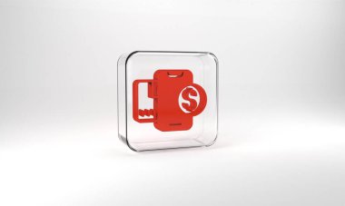 Red Smartphone with dollar symbol icon isolated on grey background. Online shopping concept. Financial mobile phone icon. Online payment. Glass square button. 3d illustration 3D render.