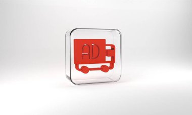 Red Advertising on truck icon isolated on grey background. Concept of marketing and promotion process. Responsive ads. Social media advertising. Glass square button. 3d illustration 3D render.
