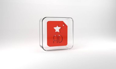 Red Advertising icon isolated on grey background. Concept of marketing and promotion process. Responsive ads. Social media advertising. Glass square button. 3d illustration 3D render.
