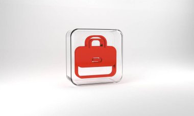 Red Briefcase icon isolated on grey background. Business case sign. Business portfolio. Glass square button. 3d illustration 3D render.