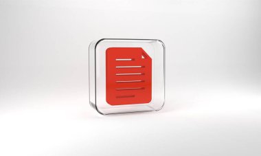 Red File document icon isolated on grey background. Checklist icon. Business concept. Glass square button. 3d illustration 3D render.