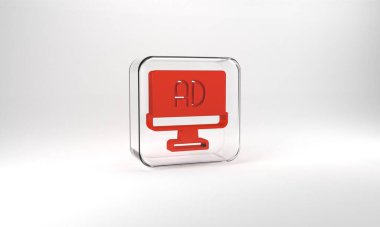 Red Advertising icon isolated on grey background. Concept of marketing and promotion process. Responsive ads. Social media advertising. Glass square button. 3d illustration 3D render.