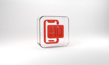 Red Advertising icon isolated on grey background. Concept of marketing and promotion process. Responsive ads. Social media advertising. Glass square button. 3d illustration 3D render.