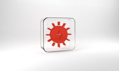 Red Solar energy panel icon isolated on grey background. Sun with lightning symbol. Glass square button. 3d illustration 3D render.