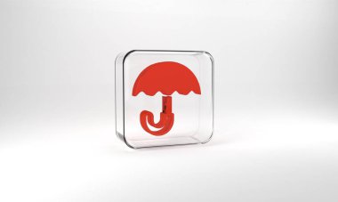 Red Classic elegant opened umbrella icon isolated on grey background. Rain protection symbol. Glass square button. 3d illustration 3D render.
