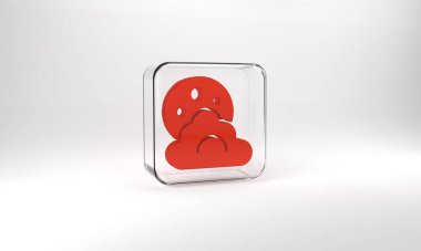 Red Cloud with moon icon isolated on grey background. Cloudy night sign. Sleep dreams symbol. Night or bed time sign. Glass square button. 3d illustration 3D render.