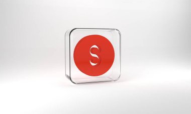 Red Compass south icon isolated on grey background. Windrose navigation symbol. Wind rose sign. Glass square button. 3d illustration 3D render.