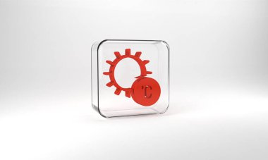 Red Sun icon isolated on grey background. Glass square button. 3d illustration 3D render.