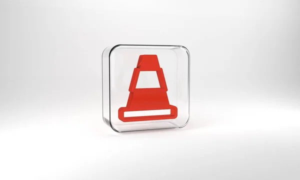 Red Traffic Cone Icon Isolated Grey Background Glass Square Button — ストック写真