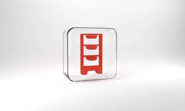 Red Chest of drawers icon isolated on grey background. Glass square button. 3d illustration 3D render.
