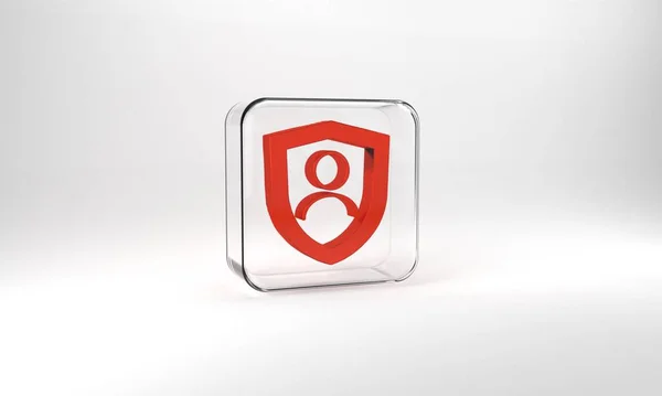 Red Life insurance with shield icon isolated on grey background. Security, safety, protection, protect concept. Glass square button. 3d illustration 3D render.