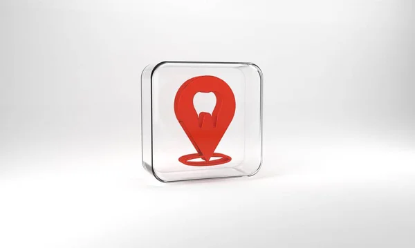 Red Dental Clinic Location Icon Isolated Grey Background Glass Square — Zdjęcie stockowe