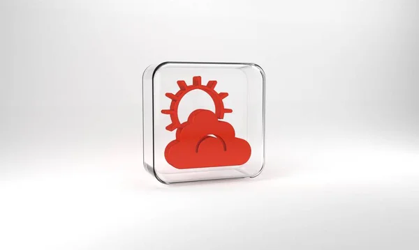 Red Sun Cloud Weather Icon Isolated Grey Background Glass Square — Zdjęcie stockowe