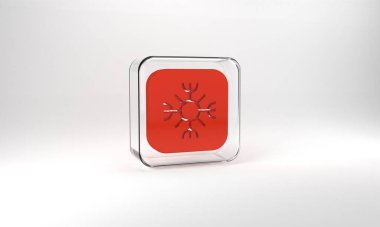 Red Snowflake icon isolated on grey background. Glass square button. 3d illustration 3D render.