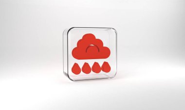 Red Cloud with rain icon isolated on grey background. Rain cloud precipitation with rain drops. Glass square button. 3d illustration 3D render.