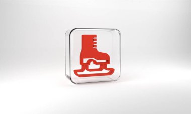 Red Skates icon isolated on grey background. Ice skate shoes icon. Sport boots with blades. Glass square button. 3d illustration 3D render.