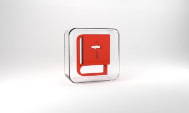Red Holy bible book icon isolated on grey background. Glass square button. 3d illustration 3D render.