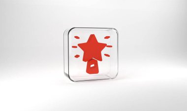 Red Christmas star icon isolated on grey background. Merry Christmas and Happy New Year. Glass square button. 3d illustration 3D render.