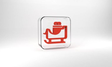 Red Christmas santa claus sleigh with sack bag icon isolated on grey background. Merry Christmas and Happy New Year. Glass square button. 3d illustration 3D render.