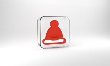 Red Christmas Santa Claus hat icon isolated on grey background. Merry Christmas and Happy New Year. Glass square button. 3d illustration 3D render.