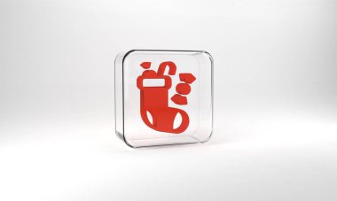 Red Christmas stocking icon isolated on grey background. Merry Christmas and Happy New Year. Glass square button. 3d illustration 3D render.