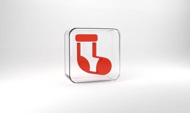 Red Christmas stocking icon isolated on grey background. Merry Christmas and Happy New Year. Glass square button. 3d illustration 3D render.