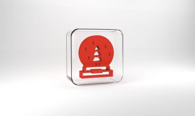 Red Christmas snow globe with fallen snow and christmas tree icon isolated on grey background. Merry Christmas and Happy New Year. Glass square button. 3d illustration 3D render.