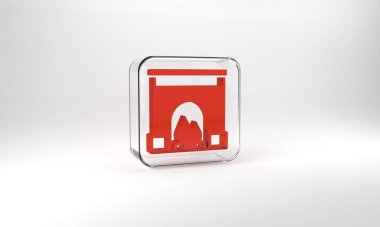 Red Interior fireplace icon isolated on grey background. Glass square button. 3d illustration 3D render.