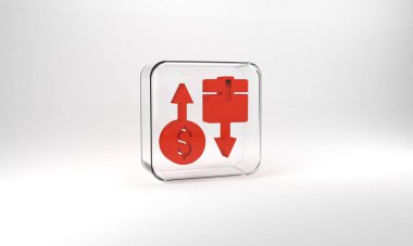 Red Tax carton cardboard box icon isolated on grey background. Box, package, parcel sign. Delivery and packaging. Glass square button. 3d illustration 3D render.