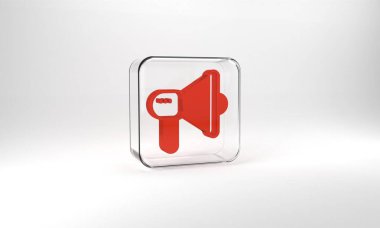 Red Megaphone icon isolated on grey background. Speaker sign. Glass square button. 3d illustration 3D render.
