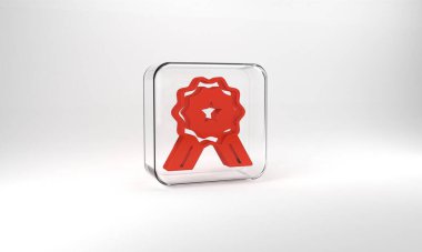 Red Five stars customer product rating review icon isolated on grey background. Favorite, best rating, award symbol. Glass square button. 3d illustration 3D render.