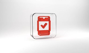Red Mobile phone shopping icon isolated on grey background. Online buying symbol. Supermarket basket symbol. Glass square button. 3d illustration 3D render.