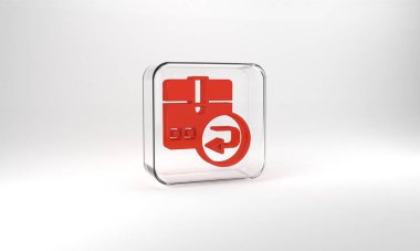 Red Return cardboard box icon isolated on grey background. Box, package, parcel sign. Delivery and packaging. Glass square button. 3d illustration 3D render.