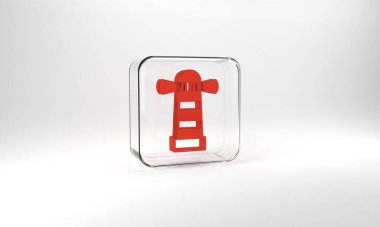 Red Lighthouse icon isolated on grey background. Glass square button. 3d illustration 3D render.