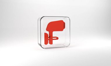 Red Outboard boat motor icon isolated on grey background. Boat engine. Glass square button. 3d illustration 3D render.
