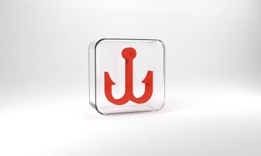 Red Fishing hook icon isolated on grey background. Fishing tackle. Glass square button. 3d illustration 3D render.