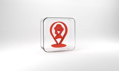 Red Location fishing icon isolated on grey background. Fishing place. Glass square button. 3d illustration 3D render.