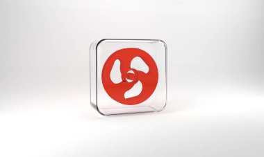 Red Outboard boat motor icon isolated on grey background. Boat engine. Glass square button. 3d illustration 3D render.