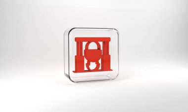 Red Campfire and pot icon isolated on grey background. Fire camping cooking in cauldron on firewood and flame. Glass square button. 3d illustration 3D render.